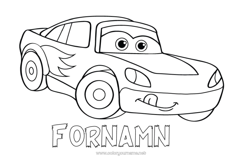 Färgläggningssida att skriva ut Fordon Bil Racerbils Bilar, skåpbilar och husbilar Racingfordon och banor Tecknad film Tecknad serie Fordon karaktärer