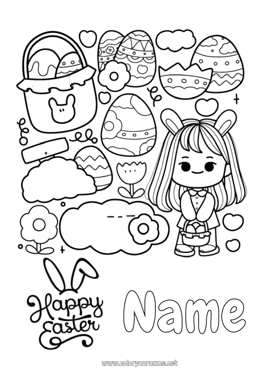 Coloring page to print Kawaii Girl Bunny Easter 