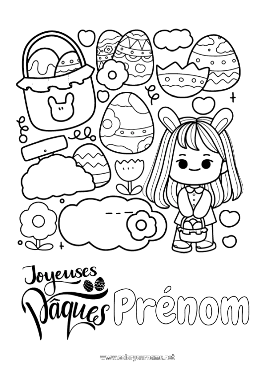 Coloriage à imprimer Kawaii Fille Lapin Pâques 