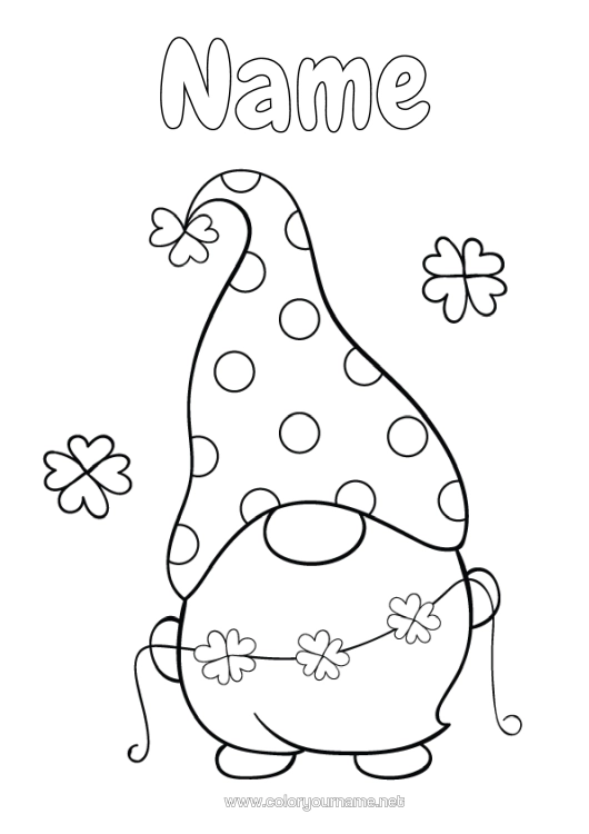 Colouring page to print Fortune Clover Ireland St Patrick's Day Gnome