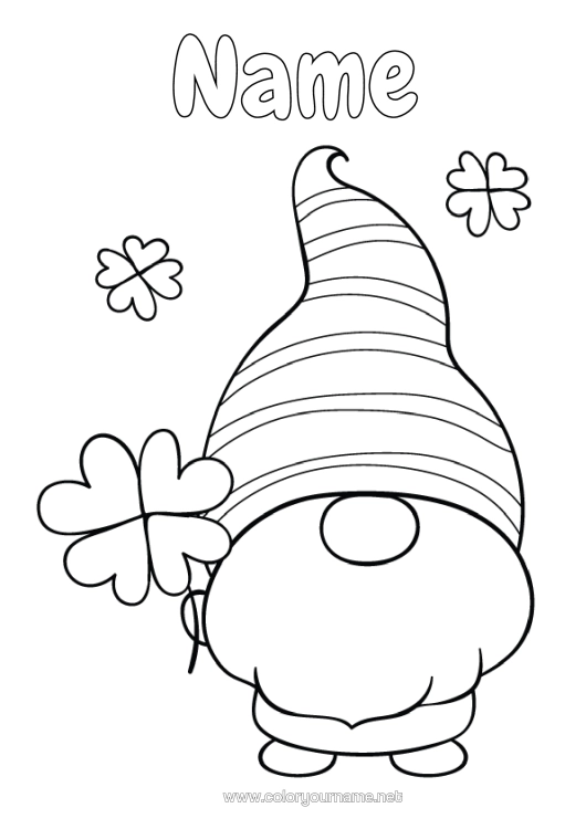 Colouring page to print Fortune Clover Ireland St Patrick's Day Gnome