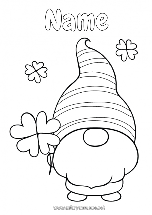 Coloring page to print Luck Clover Ireland Saint Patrick's Day Gnome