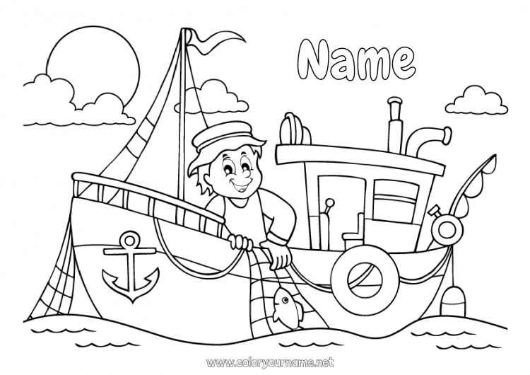 Coloring page to print Fishing Sea Boat Buoy Sailor Maritime vehicles Fisherman Sea jobs