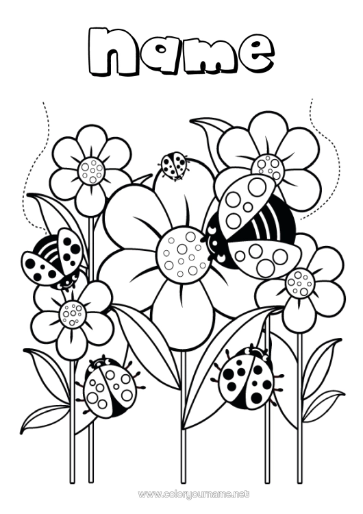 Colouring page to print Flowers Spring Animal Ladybird Insects