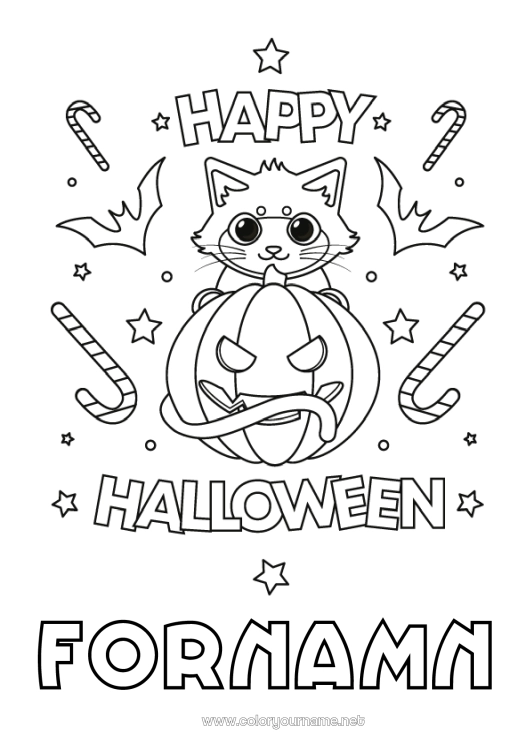 Färgläggningssida att skriva ut Godis Pumpa Svart katt Söt Katt Halloween Hundar och katter Anmälan 