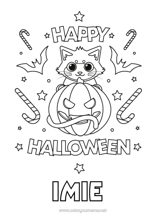 Kolorowanka do wydruku Cukierki Dynia Czarny kot Słodki Kot Halloween Psy i koty Napis 'halloween'
