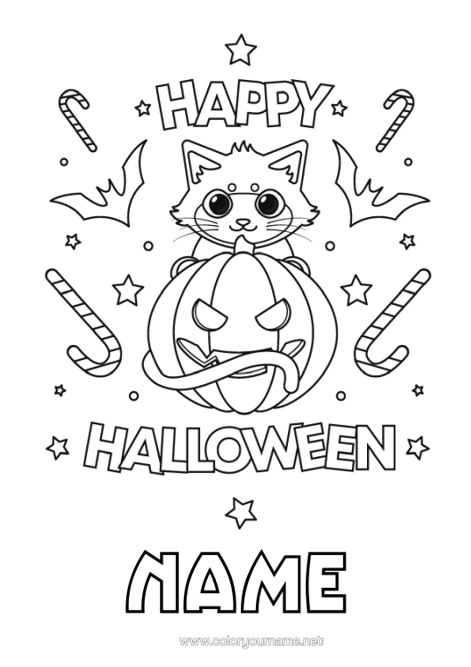 Colouring page to print Sweets Pumpkin Black Cat Cute Cat Halloween Dogs And Cats Halloween Sign-Up