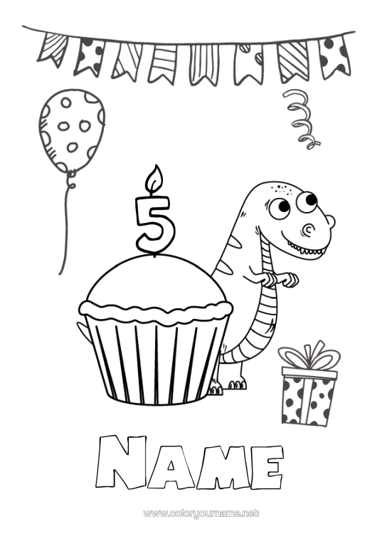 Colouring page to print Candle Cake Dinosaurs Easy Colouring Pages Customisable Age Celebrated