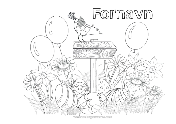 Farvelægningssiden til udskrivning Blomster Balloner Forår Påskeæg Påske Påskeliljer Marguerite