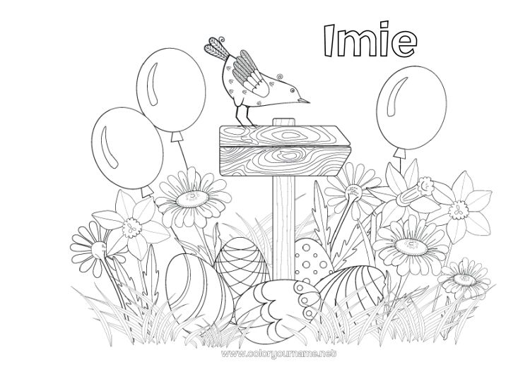 Kolorowanka do wydruku Kwiaty Balony Wiosna Jajka wielkanocne Wielkanoc Żonkile Margaret