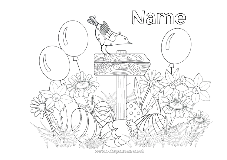 Colouring page to print Flowers Balloons Spring Easter Eggs Easter Daffodils Daisy