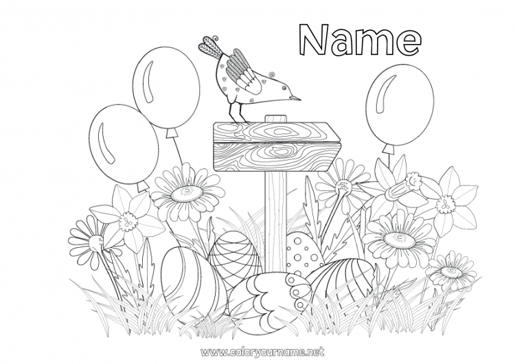 Coloring page to print Flowers Balloons Spring Easter eggs Easter Daffodils Daisy