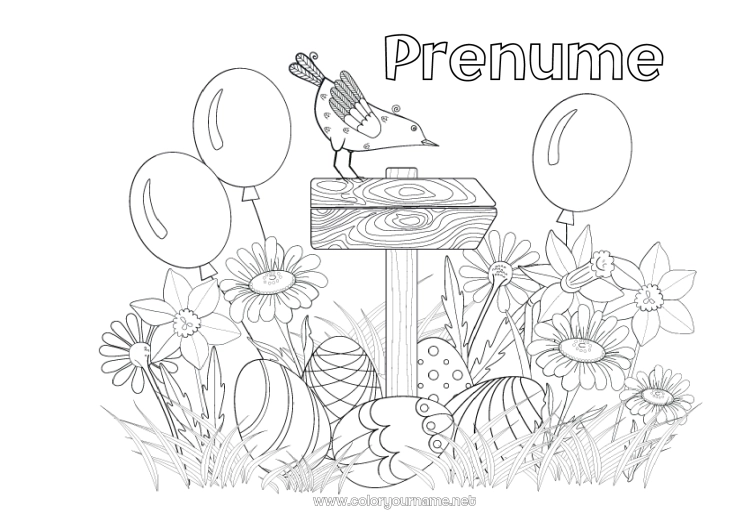 Pagină de colorat de imprimat Flori Baloane Primăvară Ouă de Paște Paște Narcise Margareta