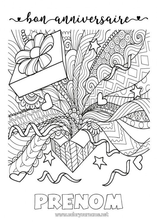 Coloriage à imprimer Cadeaux Anniversaire Mandala Coloriages complexes Joyeux anniversaire (français) Message