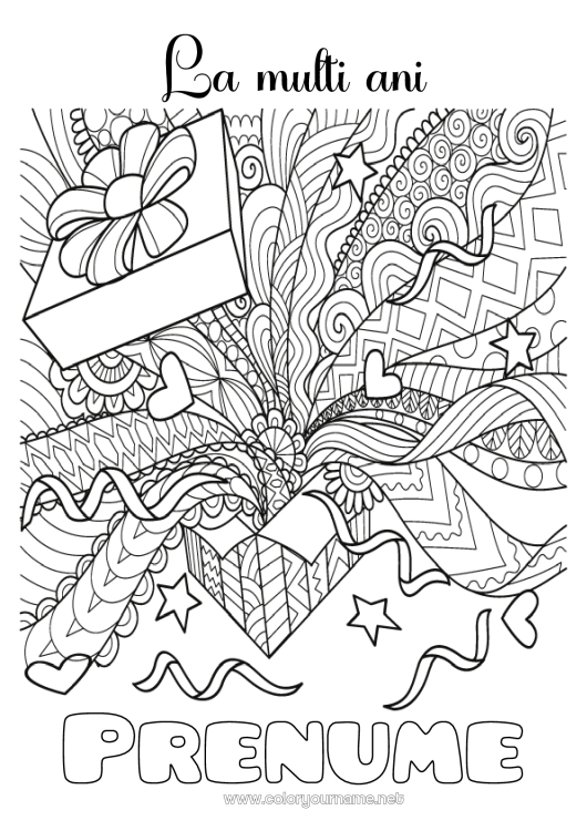 Pagină de colorat de imprimat Cadouri Aniversare Mandala Desene de colorat complexe La mulți ani!