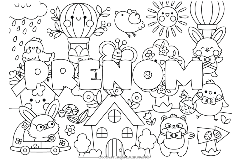 Coloriage à imprimer Kawaii Printemps Nom décoré Pâques Symboles Coloriages complexes