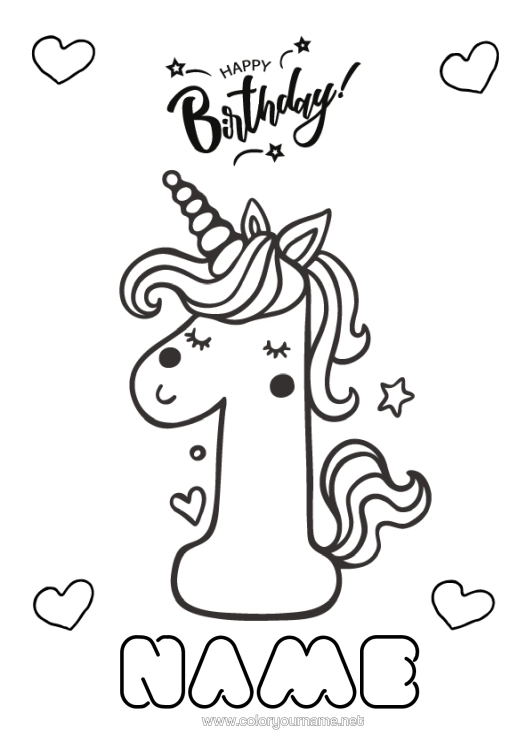 Colouring page to print Birthday Figure Unicorn Easy Colouring Pages Happy Birthday Message Big Number Age Dragons, Unicorns, And Fantastical Creatures One