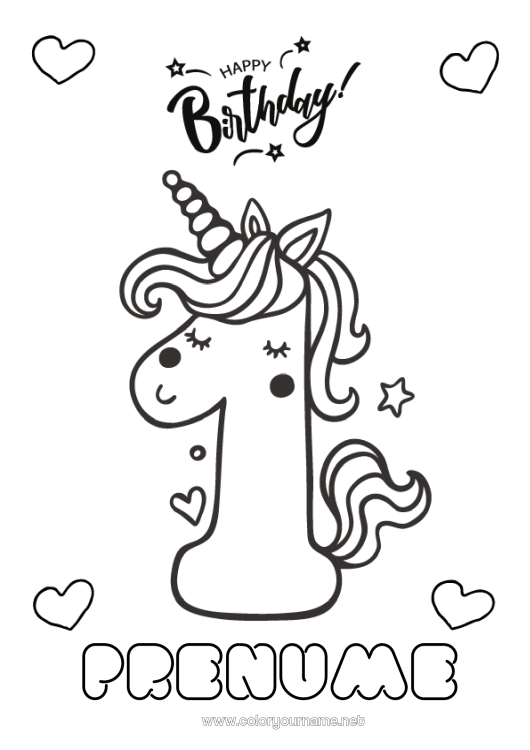 Pagină de colorat de imprimat Aniversare Număr Unicornă Desene de colorat ușoare La mulți ani! Număr mare de vârstă Dragoni, unicorni și animale fantastice Unu