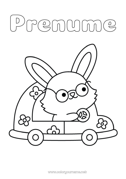 Pagină de colorat de imprimat Primăvară Iepure Vehicule Mașină Animal Desene de colorat ușoare Animale din pădure Mașini, furgonete și autorulote