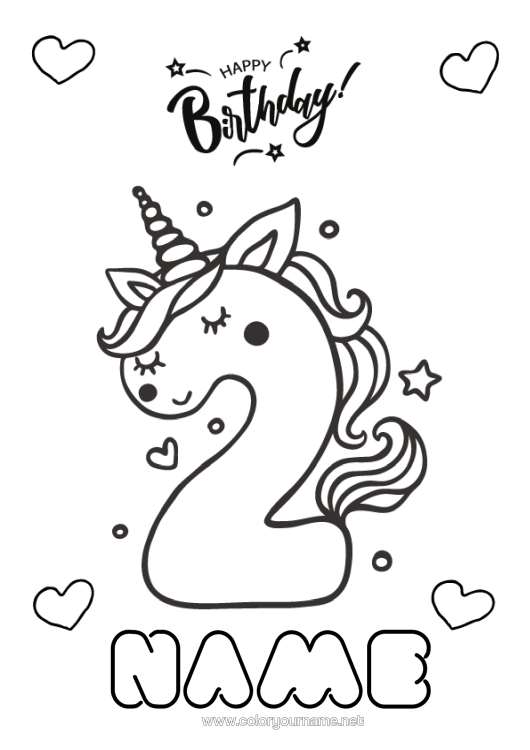 Colouring page to print Birthday Figure Unicorn Easy Colouring Pages Happy Birthday Message Big Number Age Dragons, Unicorns, And Fantastical Creatures Two