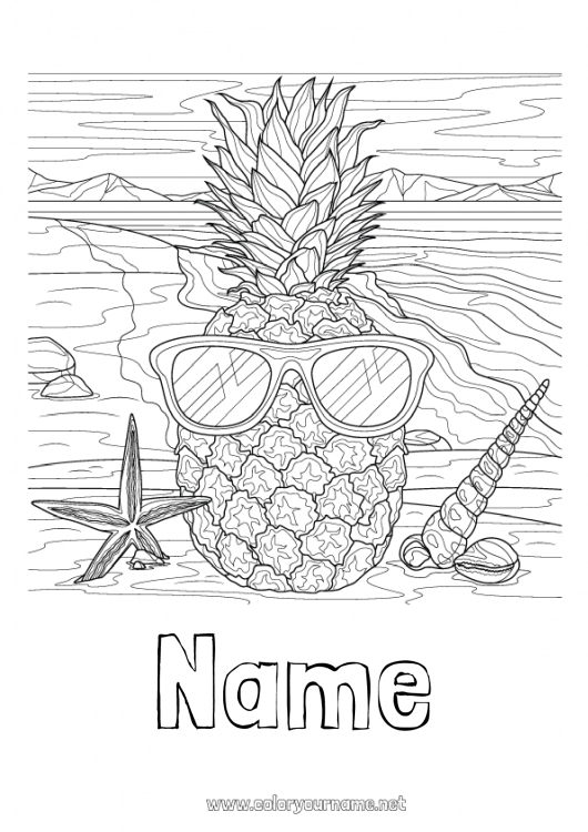 Coloring page to print Summer Food Pineapple Fruits Sea Shell Marine or aquatic animals