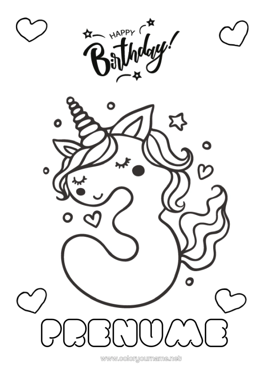 Pagină de colorat de imprimat Aniversare Număr Unicornă Desene de colorat ușoare La mulți ani! Număr mare de vârstă Dragoni, unicorni și animale fantastice Trei