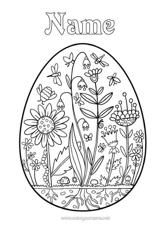 Colouring page to print Flowers Easter Eggs Daisy Complex Colouring Pages Insects Dragonfly