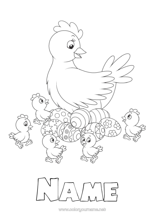 Colouring page to print Hen Spring Chick Animal Easter Eggs Easter Farm Animals