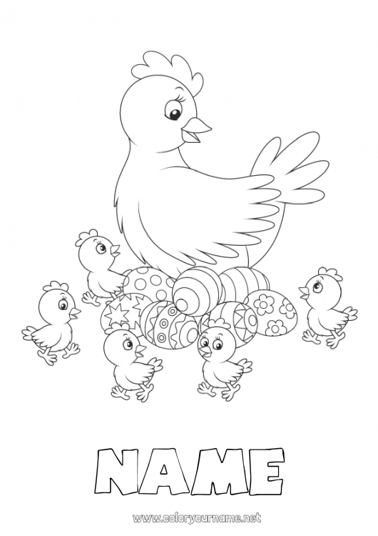 Coloring page to print Hen Spring Chick Animal Easter eggs Easter Farm animals