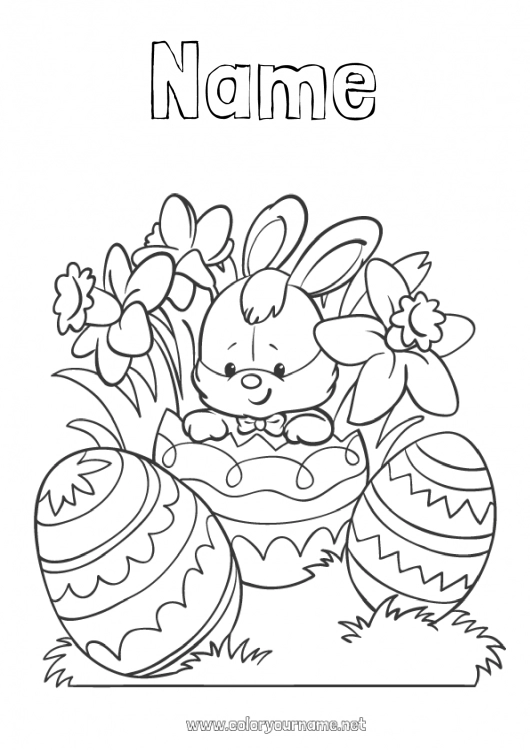 Coloring page to print Flowers Spring Bunny Easter eggs Easter Daffodils Forest animals