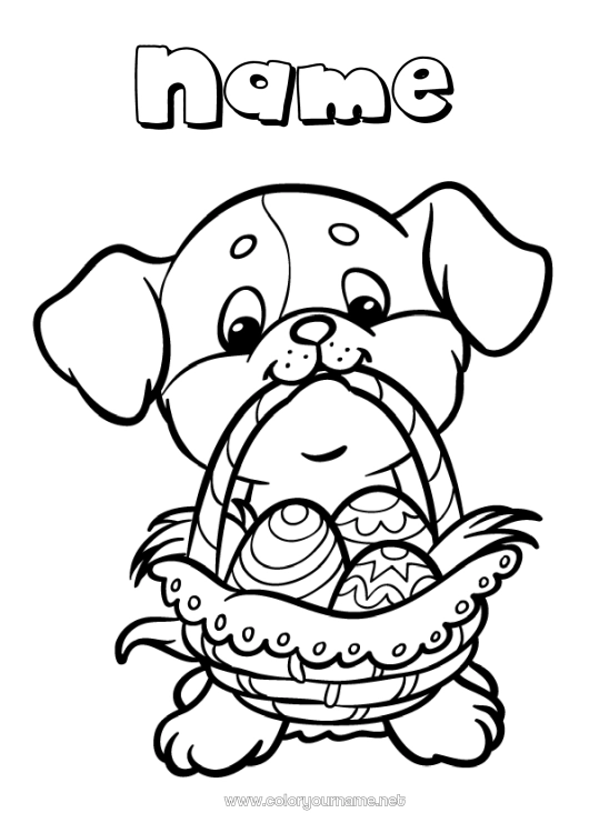 Coloring page to print Dog Animal Easter eggs Easter Basket Dog and cat