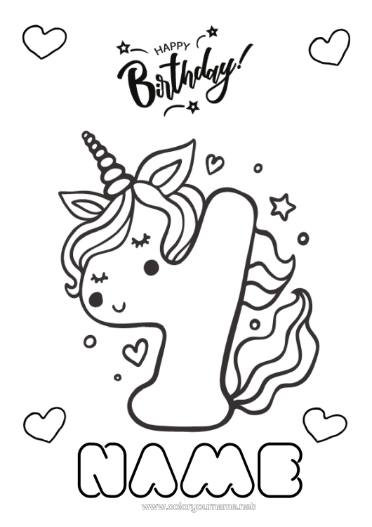 Colouring page to print Birthday Figure Unicorn Easy Colouring Pages Happy Birthday Message Big Number Age Dragons, Unicorns, And Fantastical Creatures Four