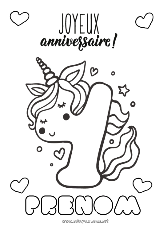 Coloriage à imprimer Anniversaire Chiffre Licorne Coloriages faciles Joyeux anniversaire (français) Message Gros chiffre âge Dragons, licornes et animaux fantastiques