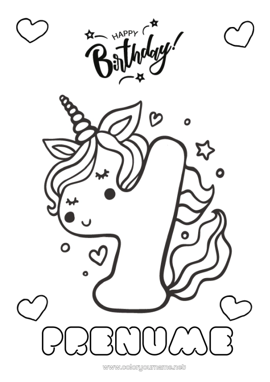 Pagină de colorat de imprimat Aniversare Număr Unicornă Desene de colorat ușoare La mulți ani! Număr mare de vârstă Dragoni, unicorni și animale fantastice Patru