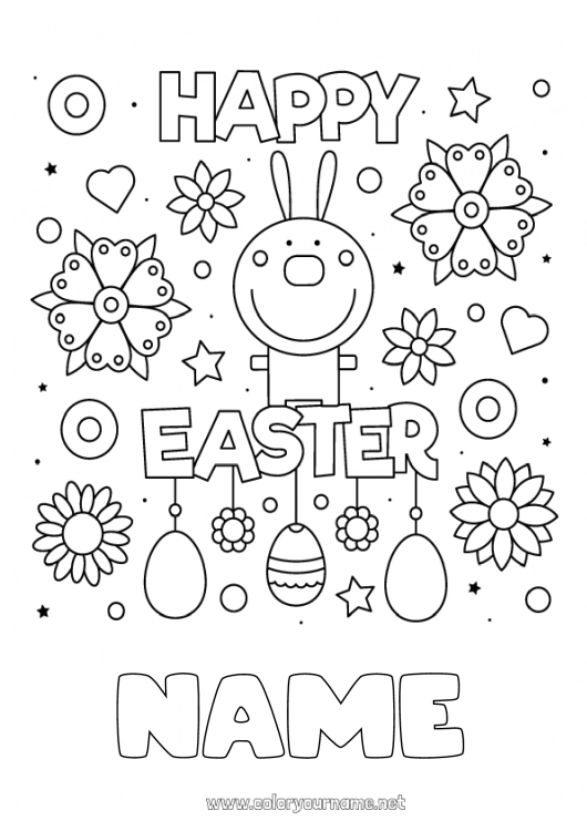 Coloring page to print Flowers Spring Bunny Easter eggs Easter Forest animals