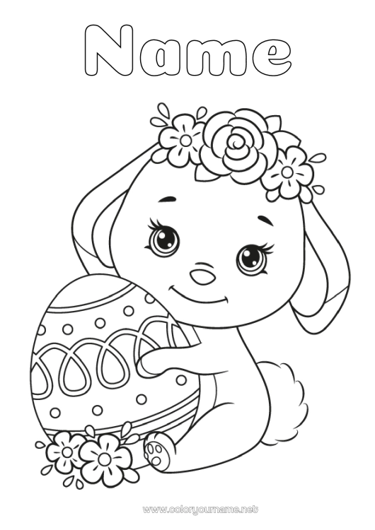 Coloring page to print Cute Flowers Spring Bunny Animal Easter eggs Easter Intermediate coloring pages Forest animals