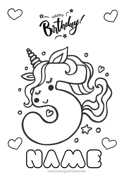 Colouring page to print Birthday Figure Unicorn Easy Colouring Pages Happy Birthday Message Big Number Age Dragons, Unicorns, And Fantastical Creatures Five
