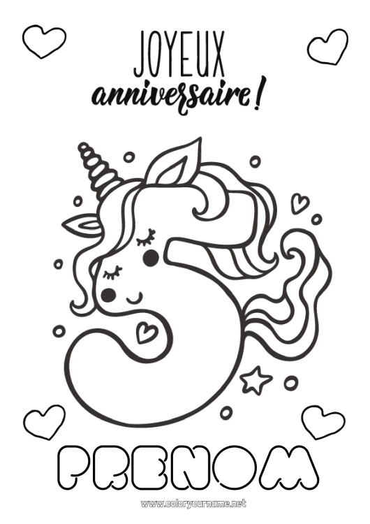 Coloriage à imprimer Anniversaire Chiffre Licorne Coloriages faciles Joyeux anniversaire (français) Message Gros chiffre âge Dragons, licornes et animaux fantastiques