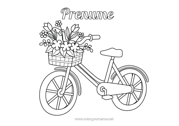Pagină de colorat de imprimat Flori Vehicule Colorează intermediare Bicicletă Vehicule cu două roți
