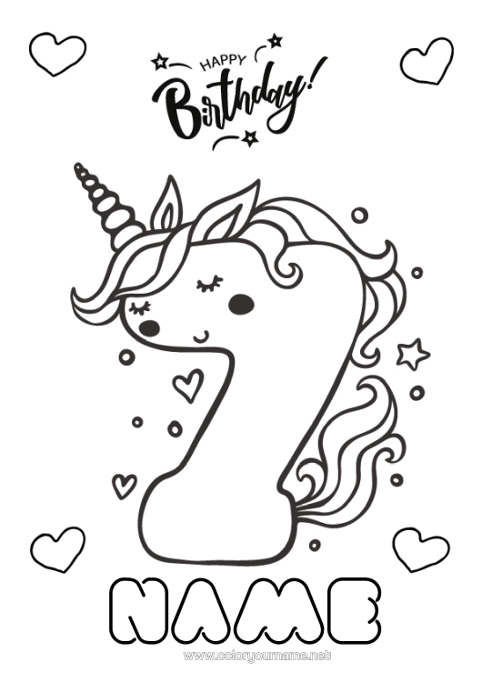 Colouring page to print Birthday Figure Unicorn Easy Colouring Pages Happy Birthday Message Big Number Age Dragons, Unicorns, And Fantastical Creatures September