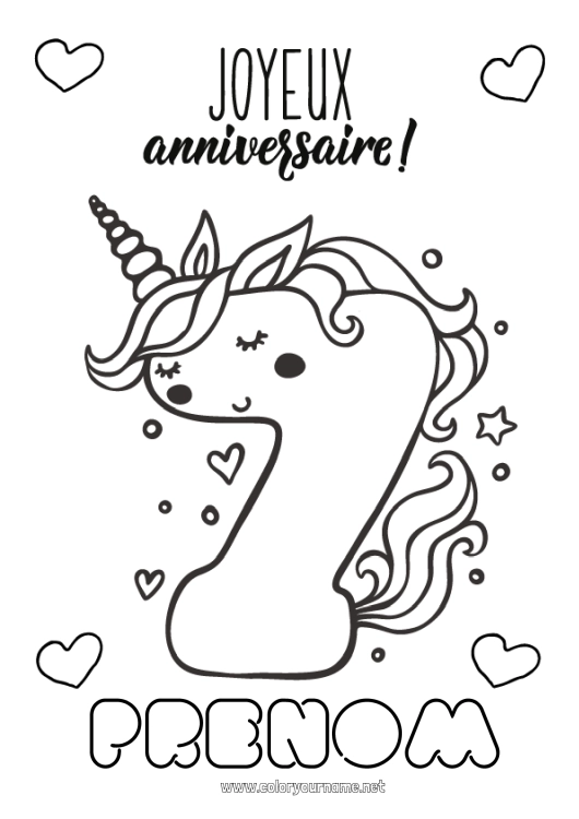 Coloriage à imprimer Anniversaire Chiffre Licorne Coloriages faciles Joyeux anniversaire (français) Message Gros chiffre âge Dragons, licornes et animaux fantastiques