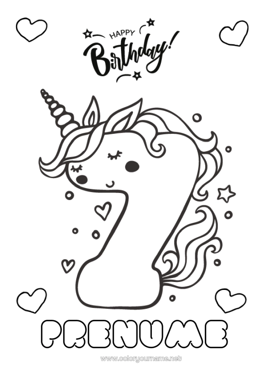 Pagină de colorat de imprimat Aniversare Număr Unicornă Desene de colorat ușoare La mulți ani! Număr mare de vârstă Dragoni, unicorni și animale fantastice Septembrie