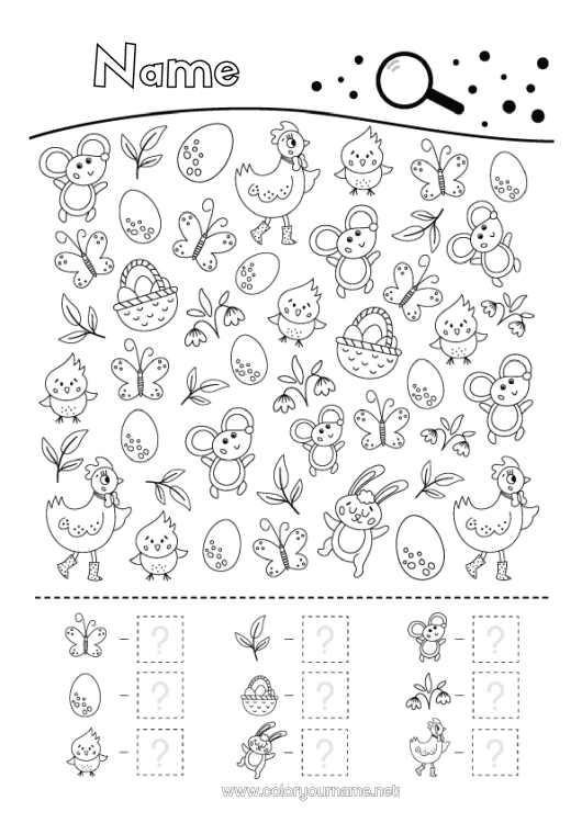 Colouring page to print Spring Children's Activities Easter Search And Find Symbols Count And Colour.