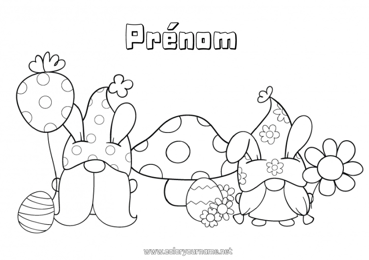 Coloriage à imprimer Fleurs Printemps Champignon Gnome Oeufs de Pâques