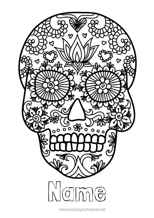 Colouring page to print Skeleton Skull Day Of The Dead