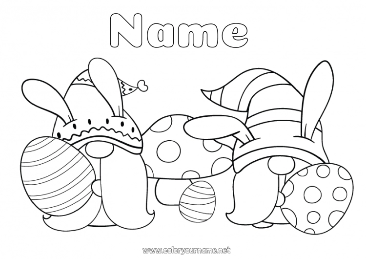 Coloring page to print Spring Mushroom Gnome Easter eggs Easter