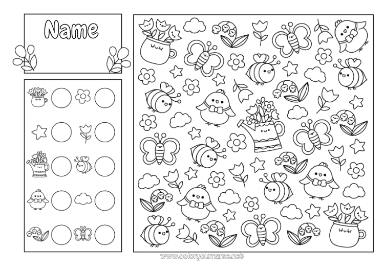 Colouring page to print Flowers Spring Chick Butterfly Children's Activities Bee Tulip Search And Find Insects Farm Animals Count And Colour.