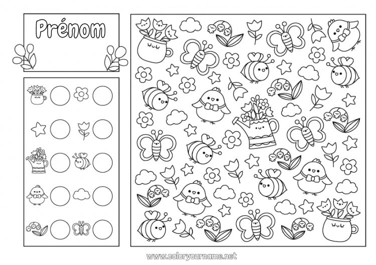 Coloriage à imprimer Printemps Poussin Papillon Activités enfants Abeille Tulipe Cherche et trouve Insectes Animaux de la ferme