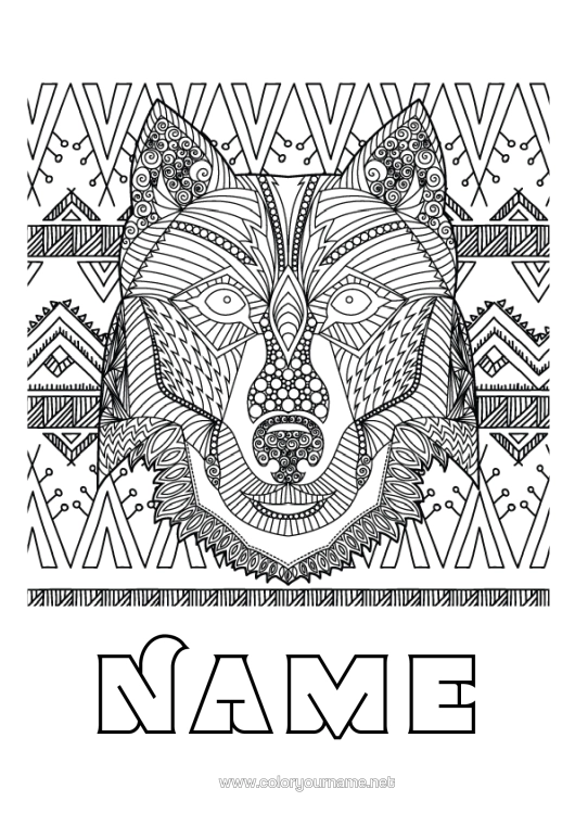 Colouring page to print Wolf Mandala Fox Animal Forest Animals
