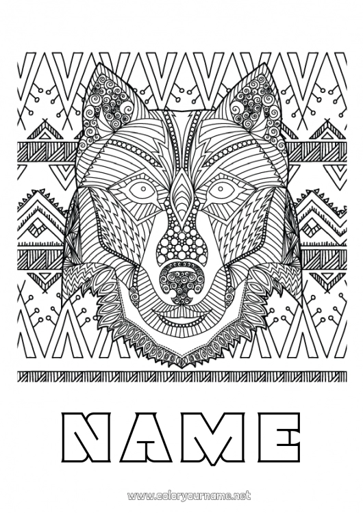 Coloring page to print Wolf Mandala Fox Animal Forest animals